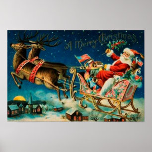 Póster Vintage Santa Claus Sleigh Navidades
