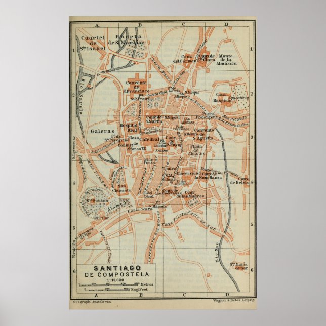 Póster Vintage Santiago de Compostela Spain Map (1913) (Frente)