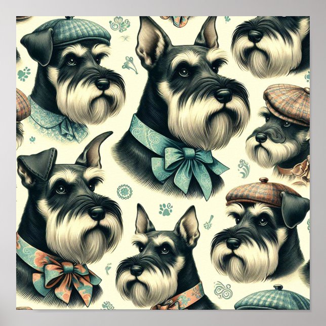 Póster Vintage Schnauzer Seamless Ilustracion (Frente)