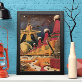 Póster Vintage Science Ficción Futurista City Volador Aut