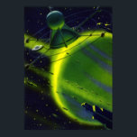 Póster Vintage Science Ficción Green Planet w Spaceship<br><div class="desc">Planetas de ciencia ficción de ilustracion de época futurista e imagen del espacio exterior. Una nave espacial que vuela alrededor de la atmósfera de un planeta verde neón con muchos asteroides y estrellas en el cielo en el futuro. Un clásico diseño de historietas de ciencia ficción de los años 50....</div>