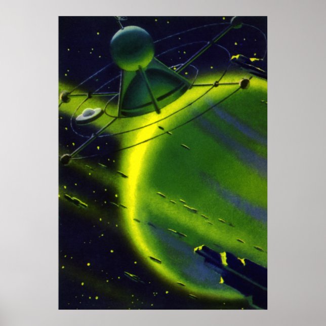 Póster Vintage Science Ficción Green Planet w Spaceship (Frente)