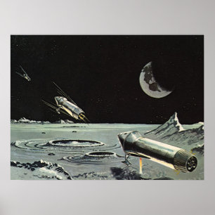 Póster Vintage Science Fiction, Rocket Ships Moon Planets