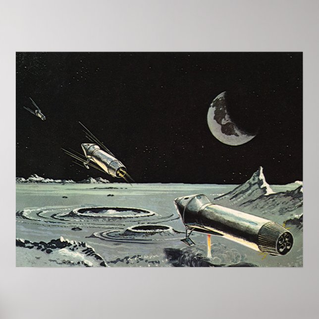 Póster Vintage Science Fiction, Rocket Ships Moon Planets (Frente)