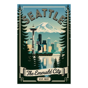 Póster Vintage Seattle Washington Ciudad Esmeralda Retro