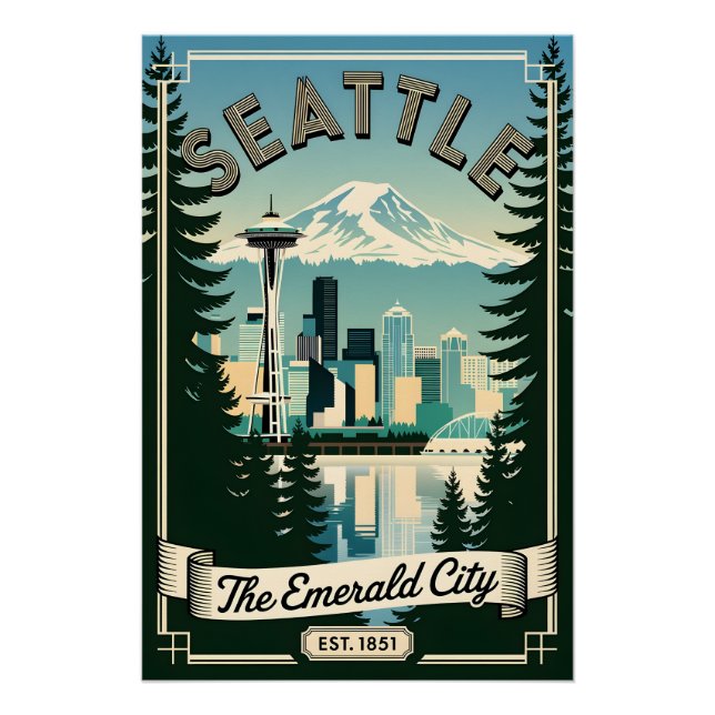 Póster Vintage Seattle Washington Ciudad Esmeralda Retro (Anverso)