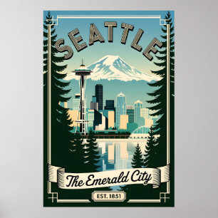 Póster Vintage Seattle Washington Ciudad Esmeralda Retro