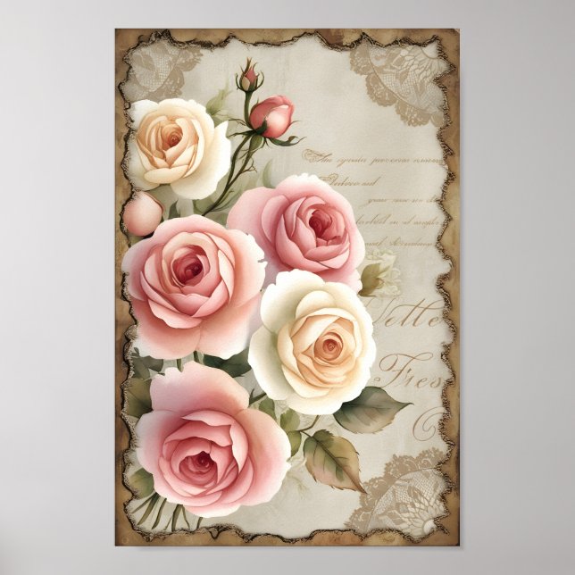 Póster Vintage Shabby Chic Decoupage Rosas Wall Art (Frente)