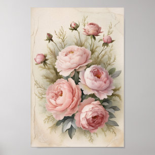 Póster Vintage Shabby Chic Rosas y Peonies Wall Art