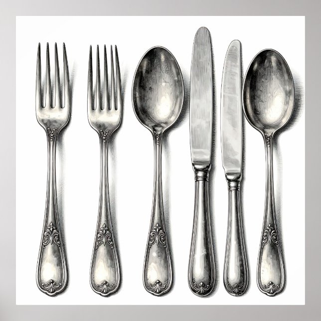 Póster Vintage Silverware Ornate Flatware Kitchen  (Frente)