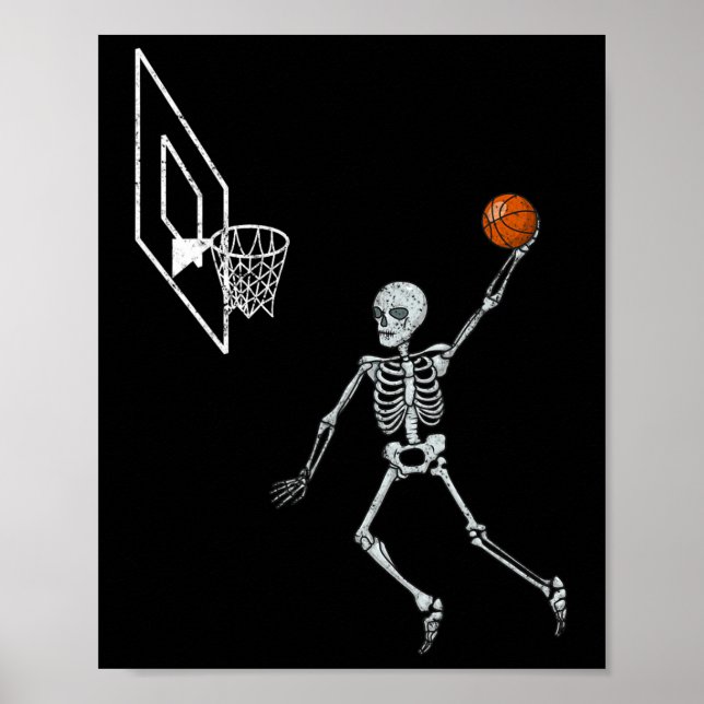 Póster Vintage Skeleton Sketll Player Dunking Hoop Hallow (Frente)