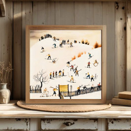 Póster Vintage Skiers Art, Winter Landscape Painting