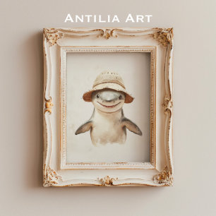 Póster Vintage Sonriendo Tiburón Blanco Pintando peces ma