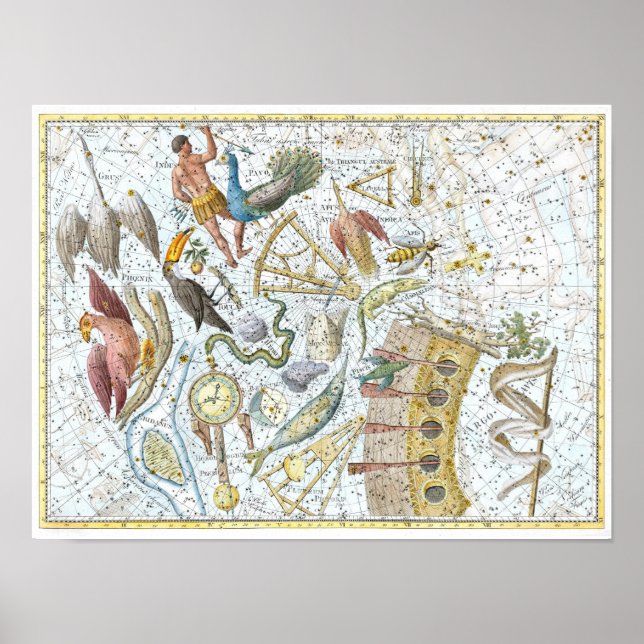 Póster Vintage Southern Sky Constellations Celestial Map (Frente)