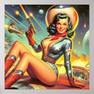 Póster Vintage Space Cowgirl Pin Up