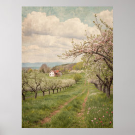 Póster Vintage Spring Blossom Orchard Cottage Art