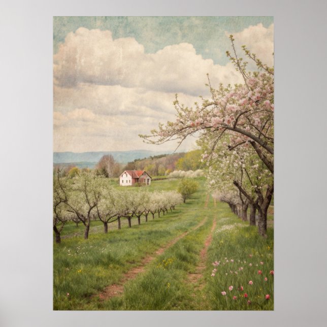 Póster Vintage Spring Blossom Orchard Cottage Art (Frente)