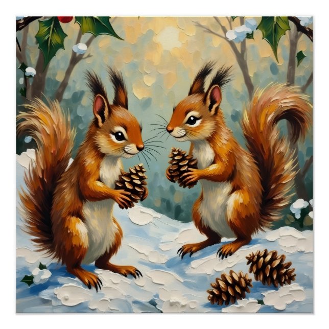 Póster Vintage Squirrels Gathering Pinecones Christmas (Anverso)