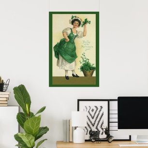 Póster Vintage St. Patrick's Day Irish Lass with Clovers