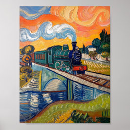 Póster Vintage Steam Engine crossing Bridge painting