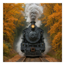 Póster Vintage Steam Locomotive Train In Autumn Woods