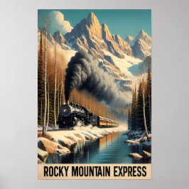 Póster Vintage Steam Train en un paisaje montañoso