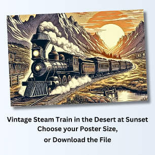 Póster Vintage Steam Train in the Desert at Sunset