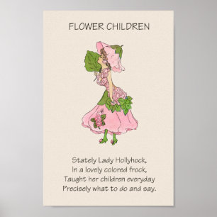 Póster Vintage Storybook Flower Children HOLLYHOCK