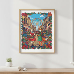Póster Vintage Style Cat and Fox Flower Market Poster