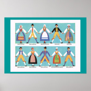 Póster Vintage Suecia, trajes regionales tradicionales 2