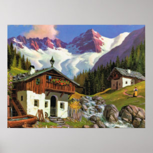 Póster Vintage Suiza, Gletscherwelt, pueblo,