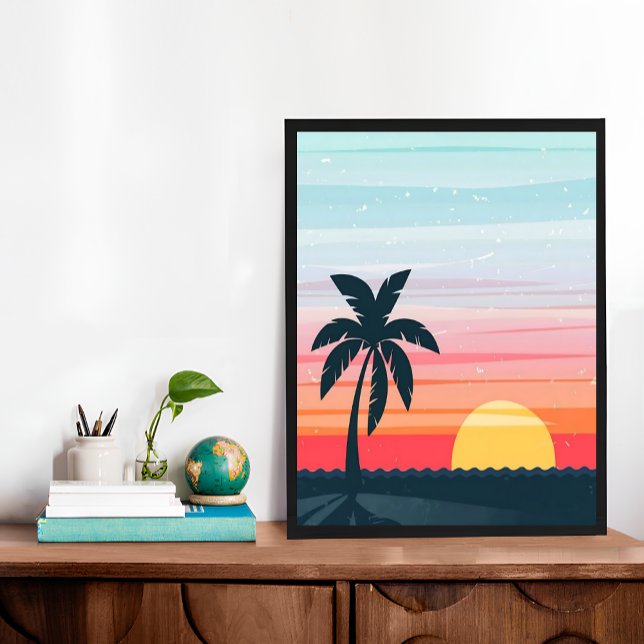 Póster Vintage Sunset Landscape Ilustracion Naranja Azul (Vintage Sunset Landscape Illustration Orange Blue Poster)