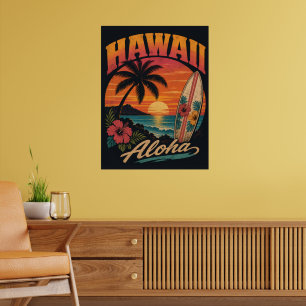 Póster Vintage Sunset Palms Surfboard Aloha Hawaiano
