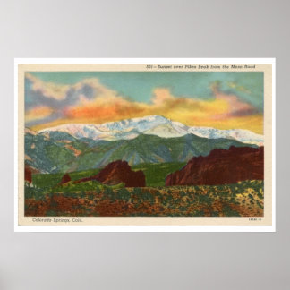 Póster Vintage Sunset sobre Pikes Peak, Colorado Springs