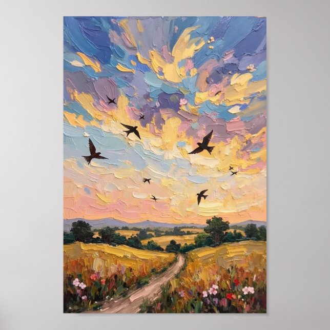 Póster Vintage Swallow Sky Countryside Art (Frente)