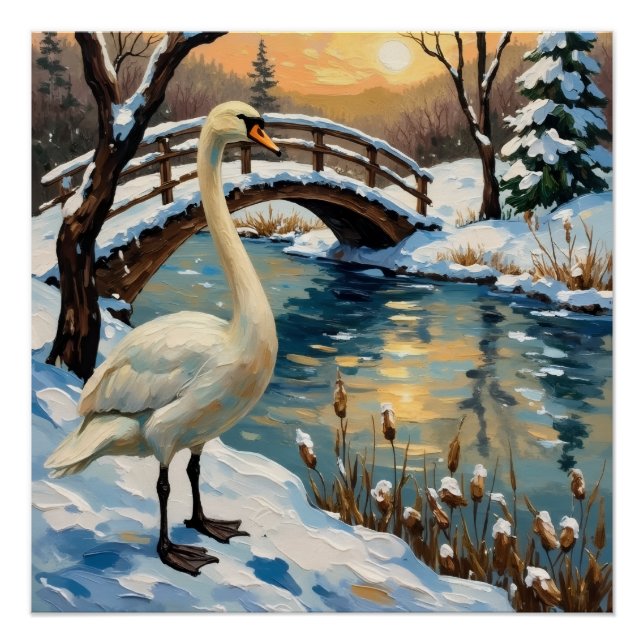 Póster Vintage Swan by Snowy Bridge Christmas Painting (Anverso)