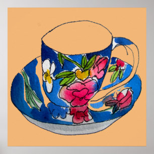 Póster Vintage teacup art ilustracion acuarela