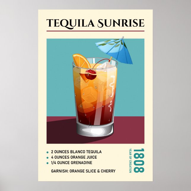Póster Vintage Tequila Sunrise Cocktail Recipe Artwork (Frente)