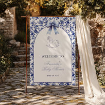 Vintage Toile Blue Bow Rocking Horse Baby Shower