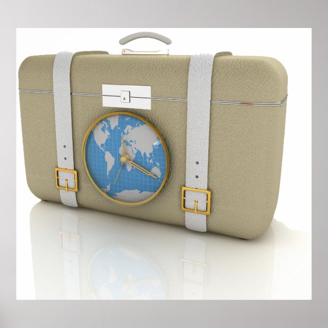 Póster Vintage Travel Suitcase Clock World Map (Frente)
