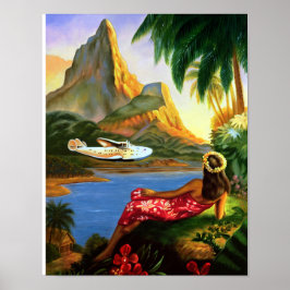 Póster Vintage Tropical Hawaiian Sea Plane Palm Tree