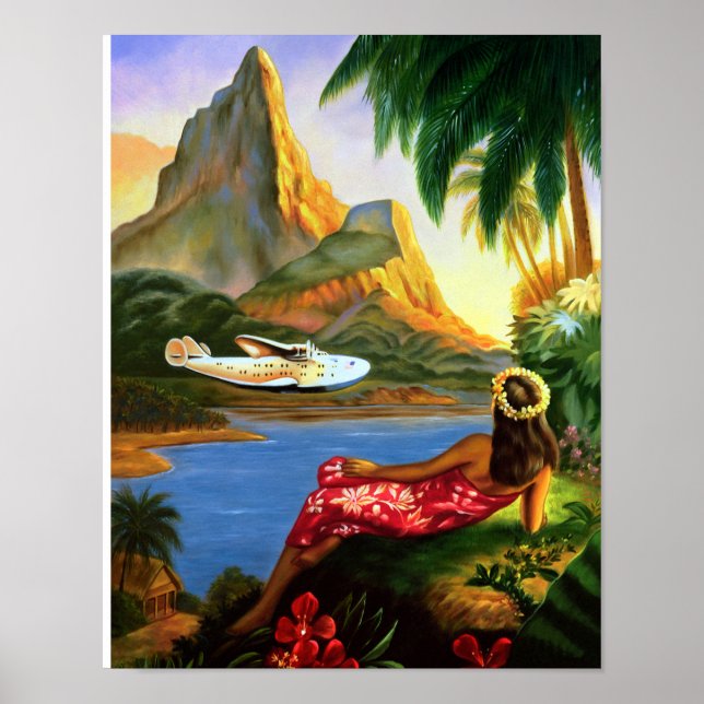 Póster Vintage Tropical Hawaiian Sea Plane Palm Tree (Frente)
