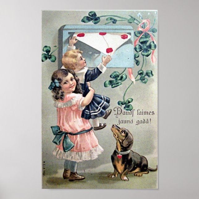 Póster Vintage Valentine Dachshund (Frente)