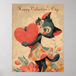 Póster Vintage Valentine`s Day Cat With Heart 