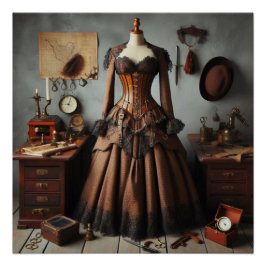 Póster Vintage Victorian Steampunk Lady Detective Vestido