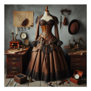 Póster Vintage Victorian Steampunk Lady Detective Vestido
