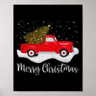 Póster Vintage Wagon Christmas Tree on Car Xmas red Truc