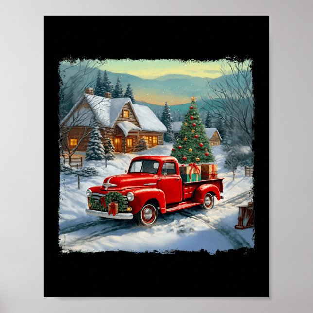 Póster Vintage Wagon Red Truck Merry Christmas Tree Snow (Frente)