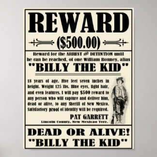Póster Vintage Wanted Poster Billy the Kid
