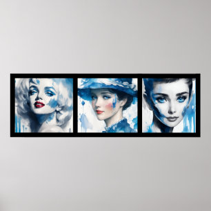 Póster vintage watercolor blue girls 3/3 all in one